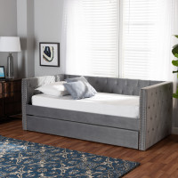 Baxton Studio CF9227-Silver Grey Velvet-Daybed-TT Baxton Studio Larkin Modern and Contemporary Grey Velvet Fabric Upholstered Twin Size Daybed with Trundle
